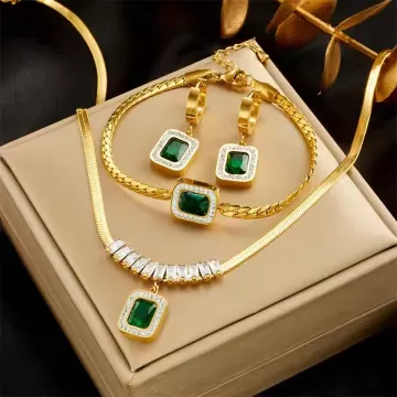 Exclusive Inlaid Emerald Design Necklace Set ( 4 Pcs )